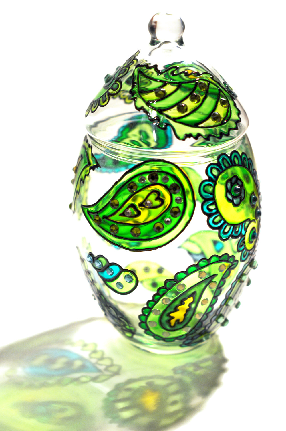 Hand Painted Glass Jar With Lid, Chrysolite, Paisley