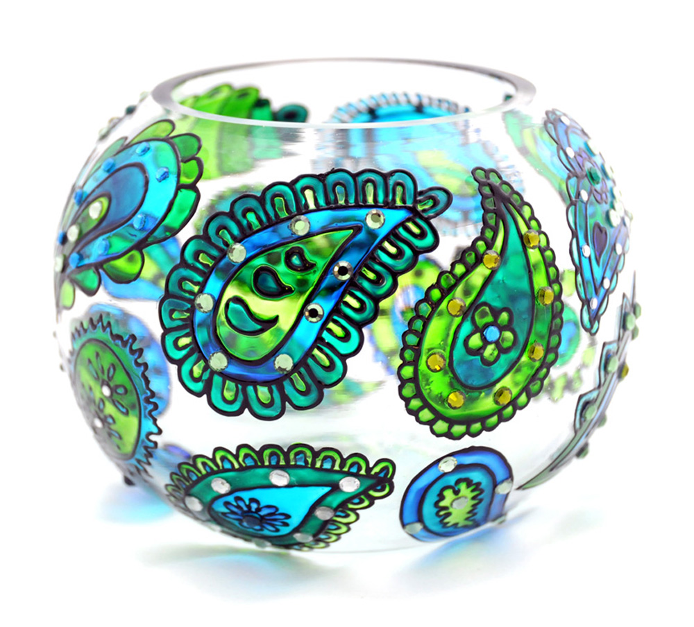 Hand Painted Glass Bowl, Blue-green, Paisley